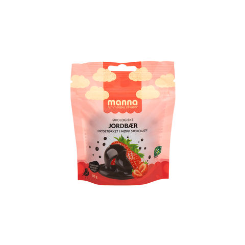 Jordbær m/mørk sjokolade, 80 g, økologisk, Manna
